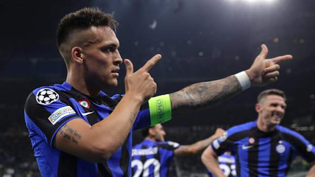 Lautaro Martínez celebrates Inter Milan’s Champions League semifinal win vs. AC Milan.